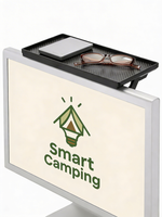 Svart hyllplan monterad på bildskärm i husbil – förvaringsbricka för glasögon och tillbehör i husvagn