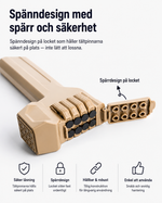 Infografik över tältpinnehammarens spänndesign med spärr som håller tältpinnarna säkert på plats i magasinet